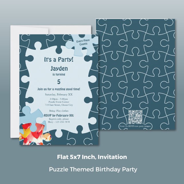 Convites Festa de Aniversário de 5 anos com Tema de Quebra- (Fun Jigsaw Puzzle Themed 5th Birthday Party Invitation, Portrait, Flat 5x7 Inch)