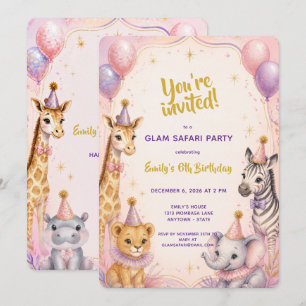 Convites Festa de Aniversário de 5 anos Pink Glam Safari