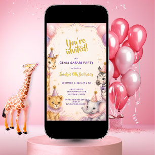 Convites Festa de Aniversário de 5 anos Pink Glam Safari