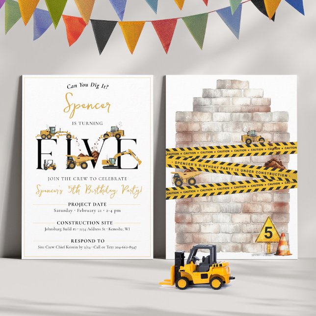 Convites Festa de aniversário de 5 de Bomba de Construção e (Boys fun construction theme party dump trucks digger join the crew FIVE 5th birthday invitation)