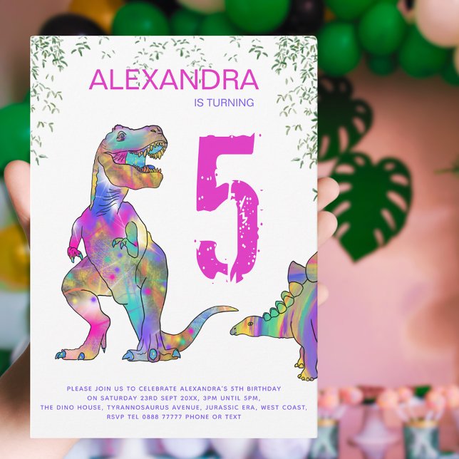 Convites Festa de aniversário de 5 de Dinossauro para Menin (Girls pink dinosaur 5th birthday party invitation )