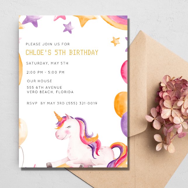 Convites Festa de aniversário de 5 de Garotos Unicorn (Unicorn Kids Girl 5th Birthday Party Invitation)