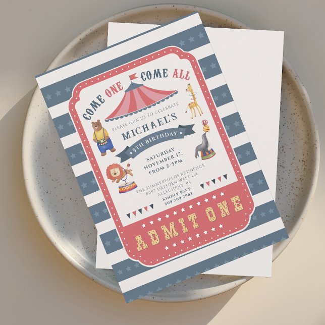 Convites Festa de aniversário de 5 do Festival de Circo Mod (Circus Carnival 5th Birthday Party Invitation)