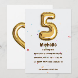 Convites Festa de aniversário de 5 Gold Foil Balloon e Conf