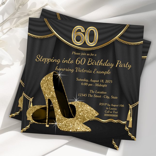 Convites Festa de Aniversário de 60 anos 'Black Gold Shoe' (Woman stepping into 60 high birthday party invitation with gold high heel shoes. )