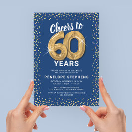 Convites Festa de Aniversário de 60 anos Blue Gold Glitter