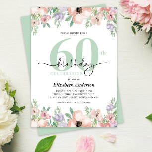 Convites Festa de Aniversário de 60 Anos com Floral Pastel 