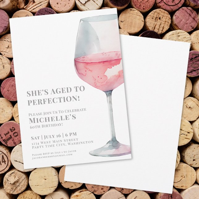Convites Festa de Aniversário de 60 Anos com Vinho Rosado S (Wine Simple Sixty 60th Birthday Party Invitation )