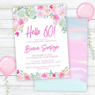 Convites Festa de Aniversário de 60 anos Floral Rosa Azul P