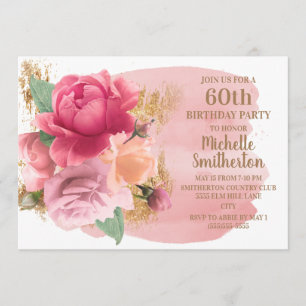 Convites Festa de Aniversário de 60 Anos Flores Rosa Brilho