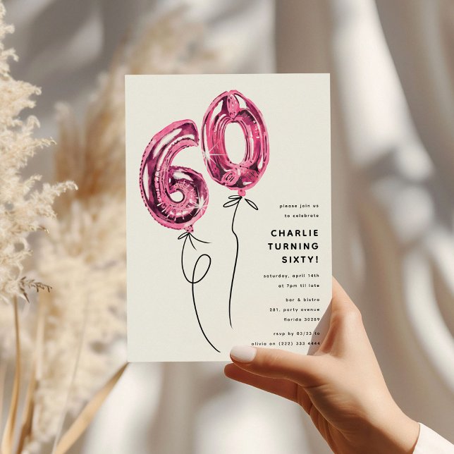 Convites Festa de Aniversário de 60 Anos Minimal Rosa Balão (Criador carregado)