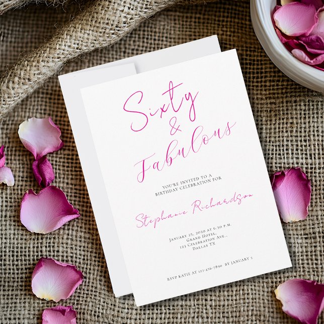 Convites Festa de Aniversário de 60 Anos Pink Script Sixty  (Celebrate a 60th birthday event  with this 5" x 7" invitation)