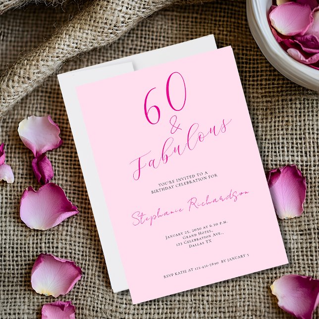 Convites Festa de Aniversário de 60 anos Pink Script Sixty  (Edit your event details via the template. Invitation size shown is 5" x 7")