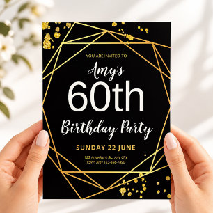 Convites Festa de Aniversário de 60 Anos Preta e Dourada El