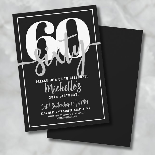 Convites Festa de Aniversário de 60 Anos Preta Moderna (Modern Black 60th Birthday Party Invitation)