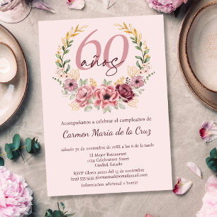 Convites Festa de Aniversário de 60 Anos Rosa Espanhol Flor