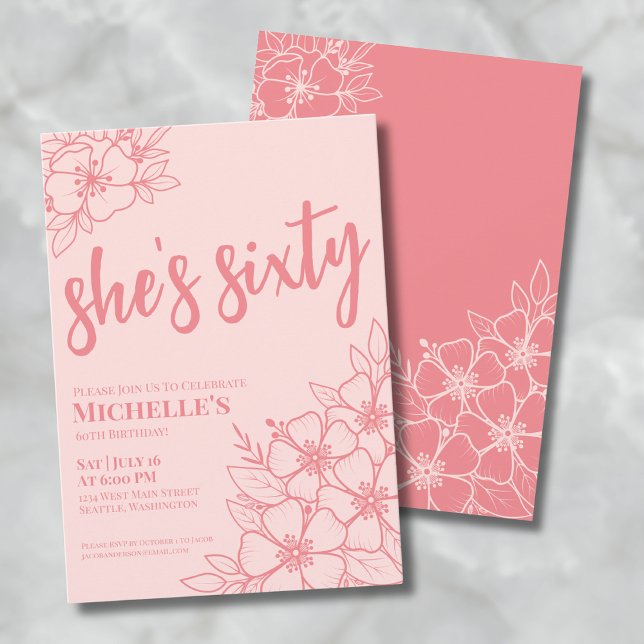 Convites Festa de Aniversário de 60 Anos Rosa Rubor (Elegant Sixty Blush Pink 60th Birthday Party Invitation)
