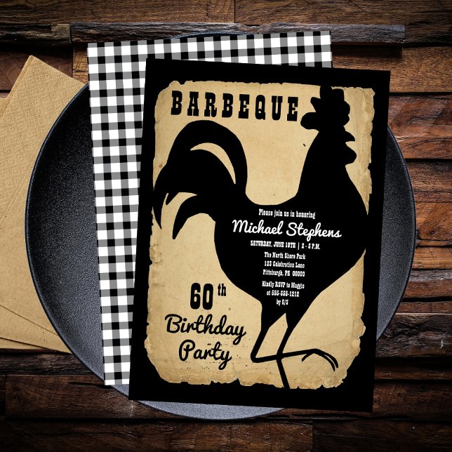Convites Festa de Aniversário de 60 anos Rustic Country Chi (Rustic Country Rooster Chicken BBQ 60th Birthday Party Invitation)