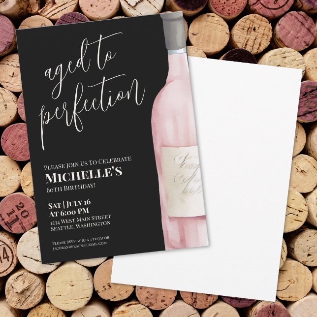 Convites Festa de Aniversário de 60 anos Wine Black Pink (Wine Sixty 60th Birthday Party Invitation)