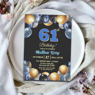 Convites Festa de Aniversário de 61 anos Azul Prata Dourado