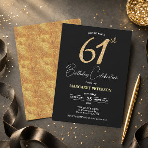 Convites Festa de Aniversário de 61 anos com Brilho Preto E