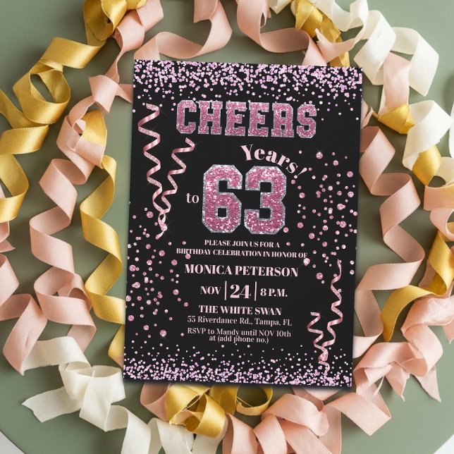 Convites Festa de Aniversário de 63 anos com Brilho Rosa (Criador carregado)