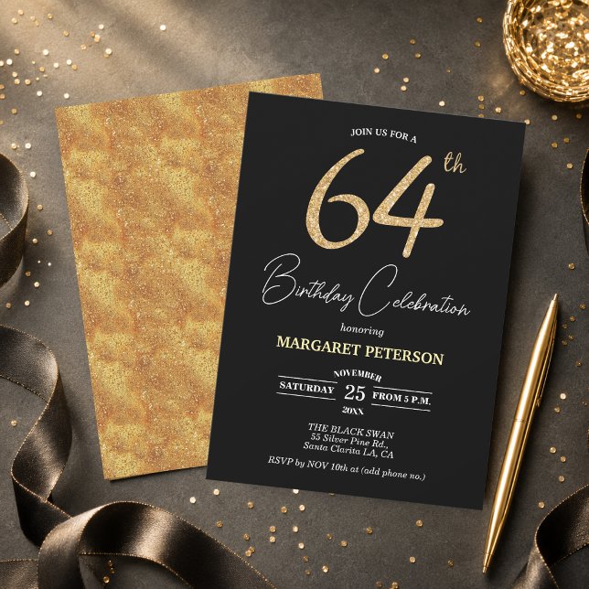 Convites Festa de Aniversário de 64 anos com Brilho Preto D (Criador carregado)