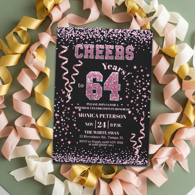 Convites Festa de Aniversário de 64 anos com Brilho Rosa (Criador carregado)