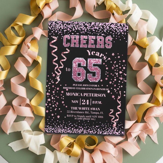 Convites Festa de Aniversário de 65 anos com Brilho Rosa e  (Criador carregado)