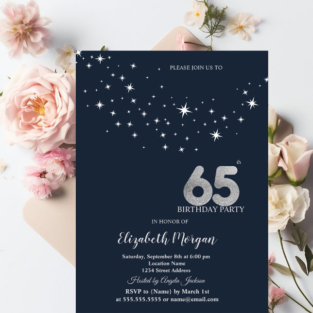 Convites Festa de Aniversário de 65 anos com Estrelas Branc (Criador carregado)