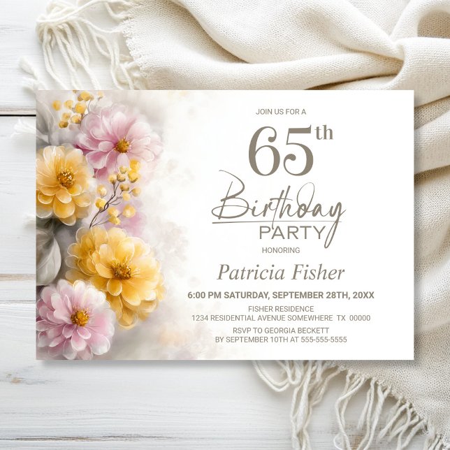 Convites Festa de Aniversário de 65 anos com Flores Rosa e  (Criador carregado)