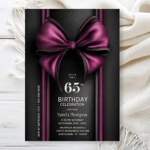 Convites Festa de Aniversário de 65 Anos com Laço Rosa Eleg