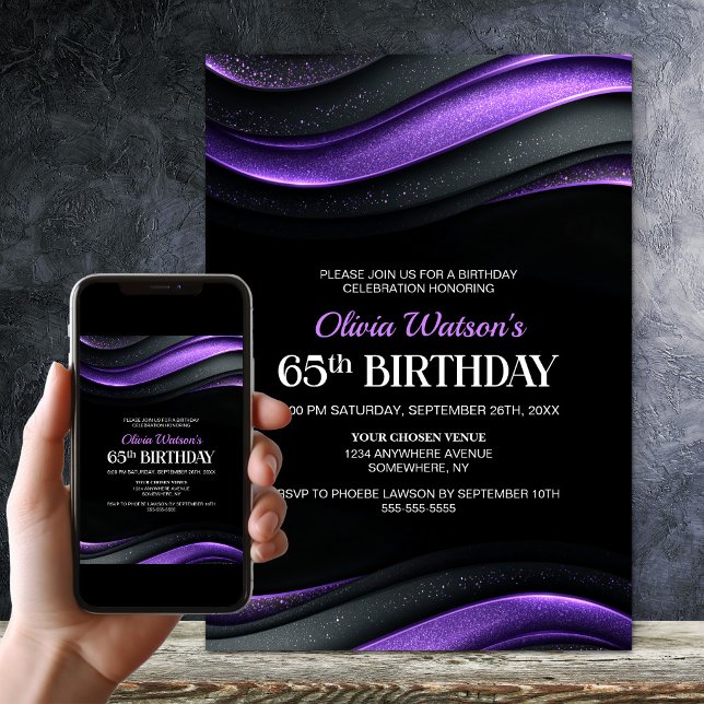 Convites Festa de Aniversário de 65 Anos Preta e Roxa Moder (Criador carregado)