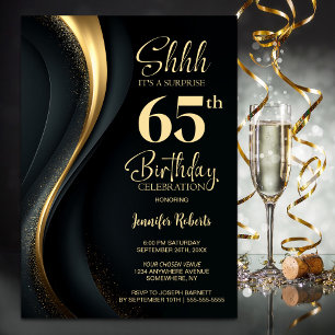 Convites Festa de Aniversário de 65 Anos Surpresa Preta e D
