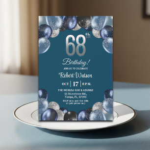 Convites Festa de Aniversário de 68 anos Elegante Azul com