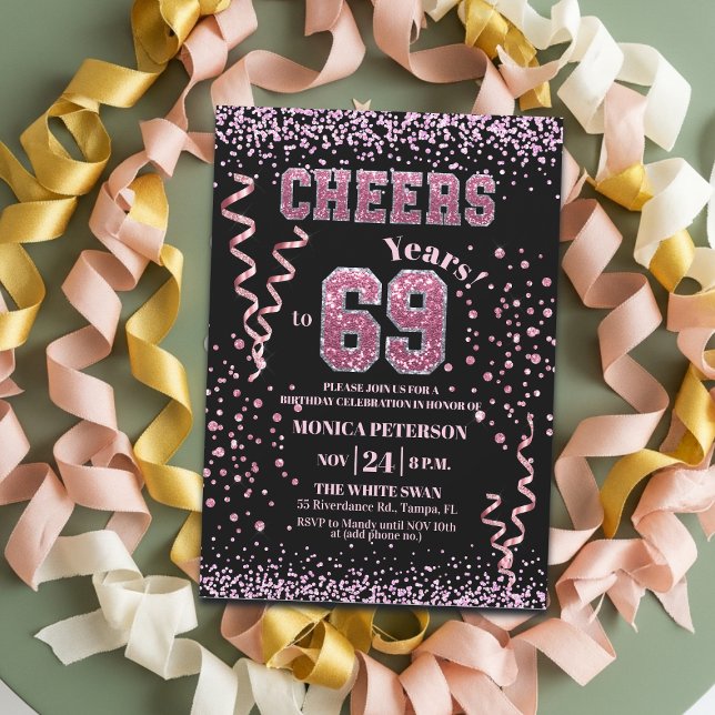 Convites Festa de Aniversário de 69 anos com Brilho Rosa (Criador carregado)