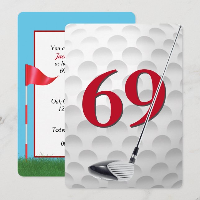Convites Festa de Aniversário de 69 anos com Tema de Golfe (Frente/Verso)