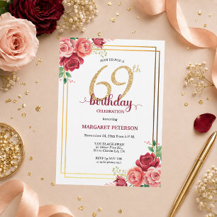 Convites Festa de Aniversário de 69 anos Elegante Blush Dou