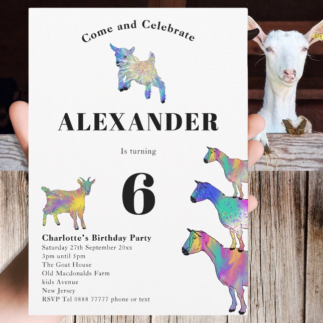 Convites Festa de Aniversário de 6 anos com tema de Cabra (Cute goats colorful watercolor farm animal art 6th birthday party invitation)