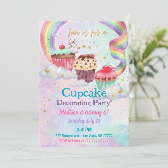 Convites Festa de Aniversário de 6 anos Cupcake Doce Doces (Em pé/Frente)