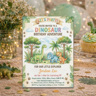 Convites Festa de Aniversário de 6 anos Dinossauros Aquarel