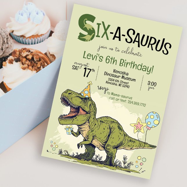 Convites Festa de Aniversário de 6 anos do Dinossauro TRex  (Cute Cartoon T-Rex Dinosaur wearing birthday hat, Six-A-Saurus sixth 6th birthday party invitation)
