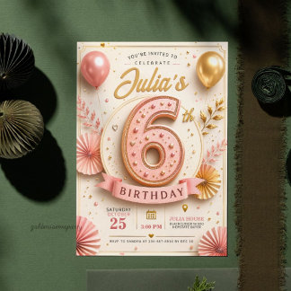 Convites Festa de Aniversário de 6 Anos em Rosa Elegante Do