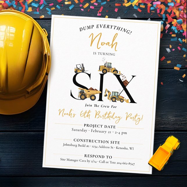 Convites Festa de aniversário de 6 de Bombeiros de Construç (Cute construction trucks theme funny SIX boys 6th birthday party invitation, dump everything, digger)