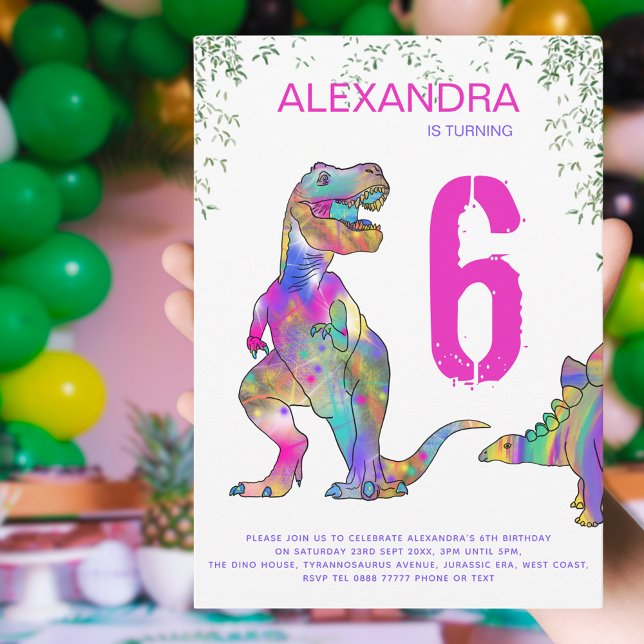 Convites Festa de aniversário de 6 de dinossauro para rapar (Colorful dinosaur girls 6th birthday party invitation T-Rex and stegosaurus & bright pink typography)