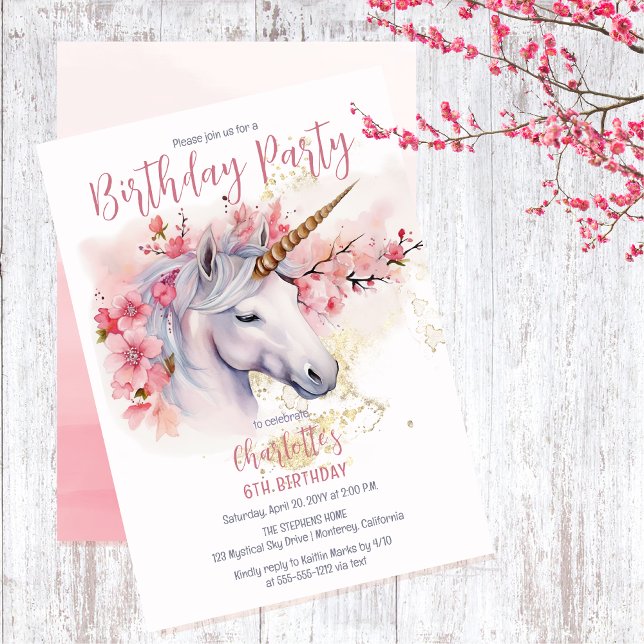 Convites Festa de aniversário de 6 de Garota Floral Mística (Unicorn Mythical Creature and Pink Cherry Blossom Floral 6th Birthday Party Invitation)