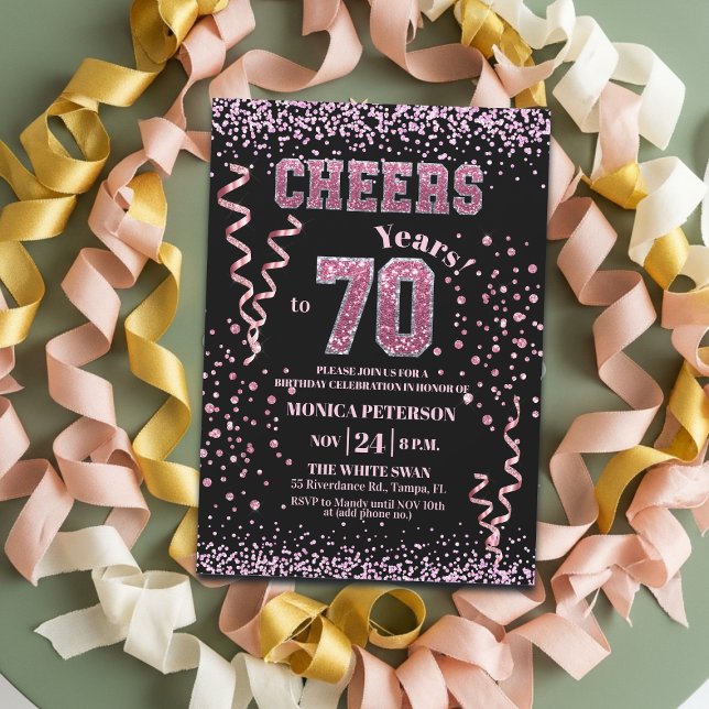 Convites Festa de Aniversário de 70 anos com Brilho Rosa  (Criador carregado)