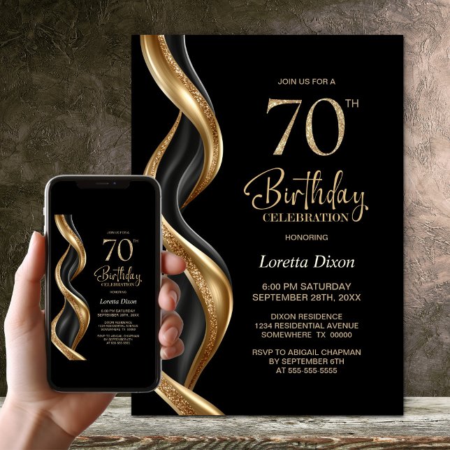 Convites Festa de Aniversário de 70 Anos com Estilo Preto e (Criador carregado)