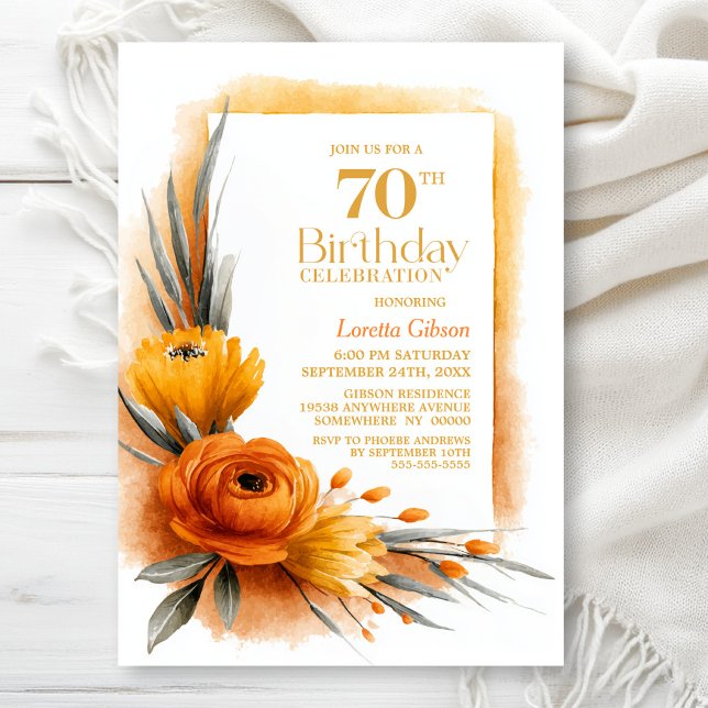 Convites Festa de Aniversário de 70 Anos com Floral Laranja (Criador carregado)
