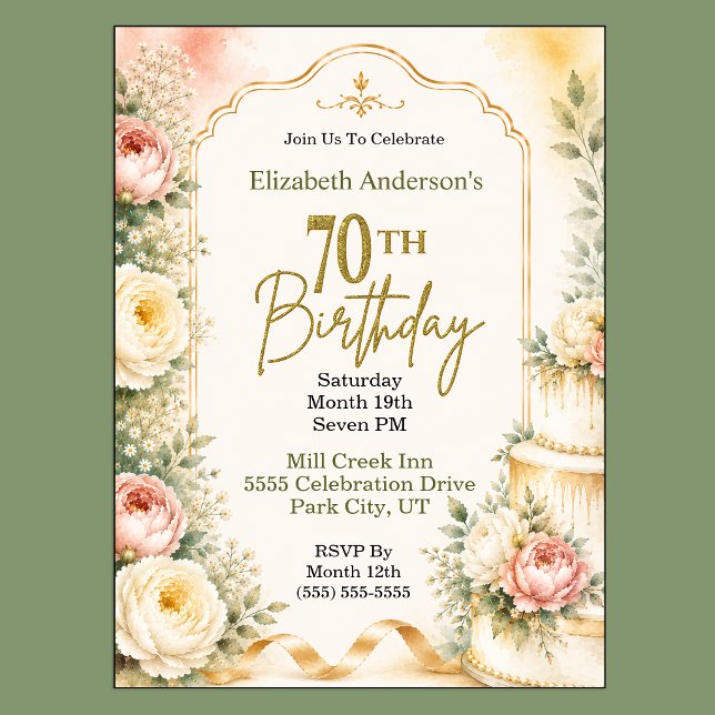 Convites Festa de Aniversário de 70 anos da Bela Peônia (Beautiful Peony Flower 70th Birthday Invitation For Women.)